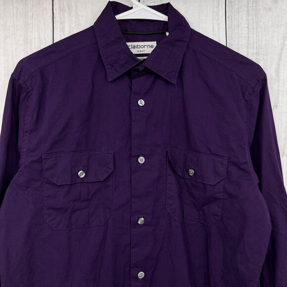 Claiborne SMALL Purple Slim Fit Stretch Button Up Dress Shirt Roll Tab Sleeve - Picture 3 of 9